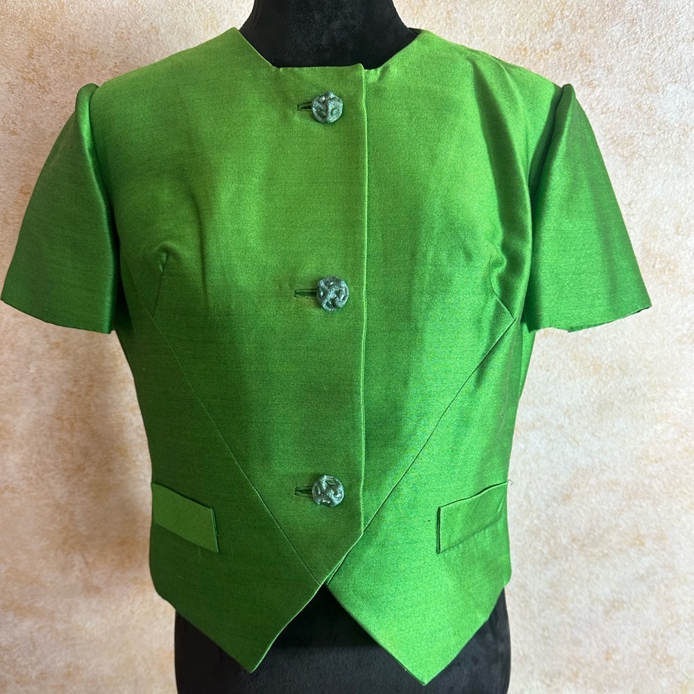 Green button up silk blouse
